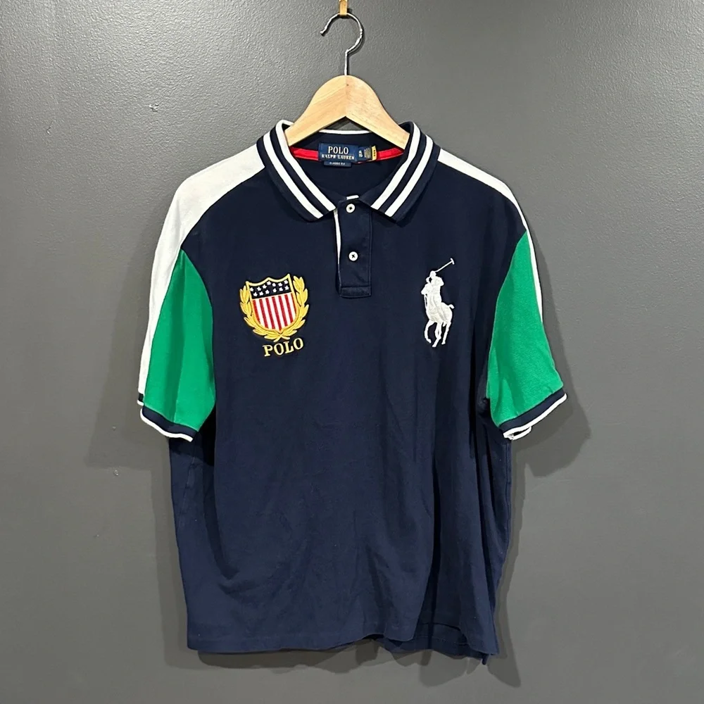 Polo by Ralph Lauren Navy Polo with Green Sleeve Panels and White Trim